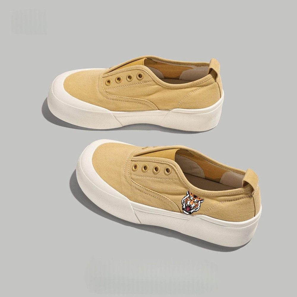 Beige Slip-On Platform Sneakers with Fierce Tiger Emblem