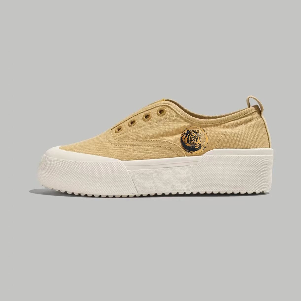 Beige Canvas Slip-On Platform Sneakers with Tiger Crest