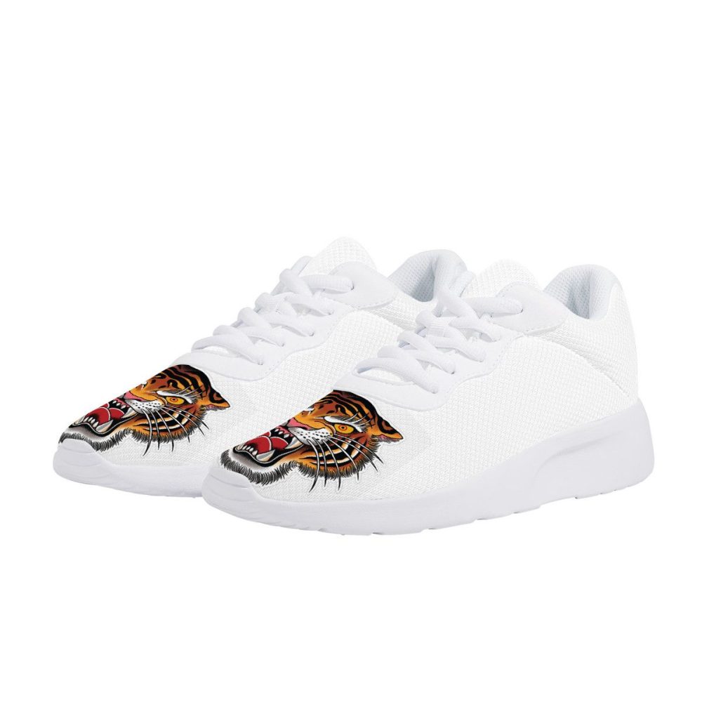 All-White Mesh Sneakers with Vibrant Tiger Head Prints