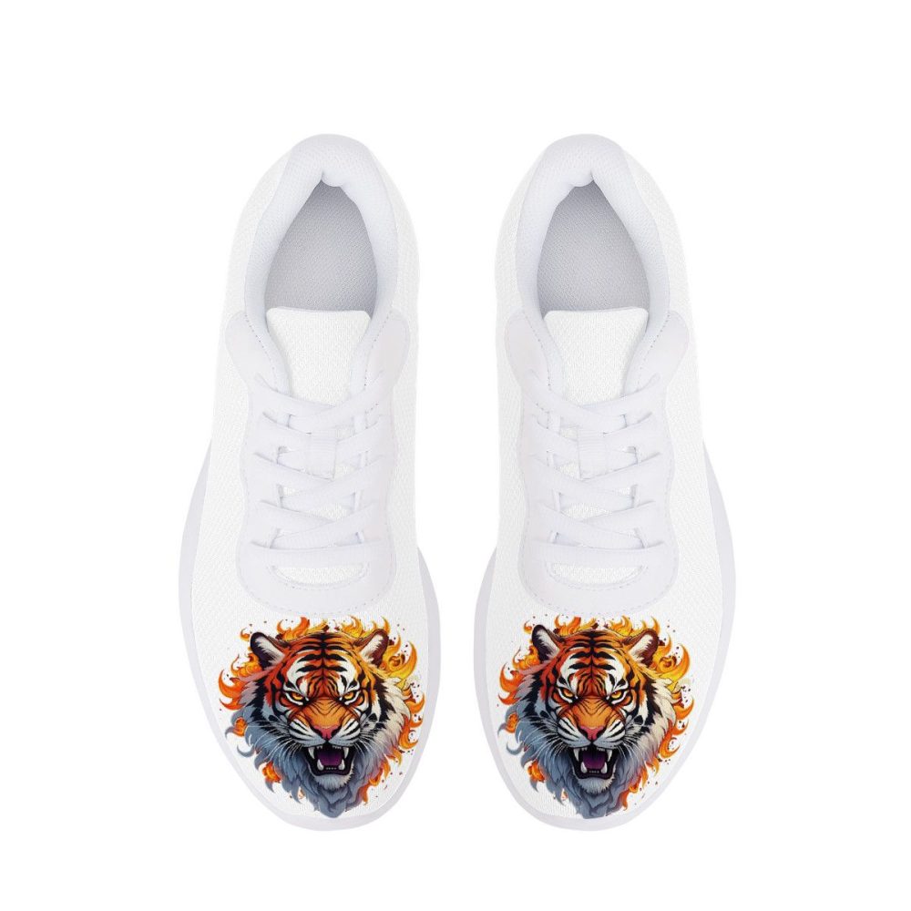 All-White Mesh Sneakers with Flame-Tiger Prints